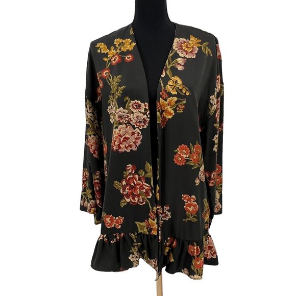 Zara Basic Floral Print Ruffle Hemline Tencel Long Sleeve Kimono M-L - Picture 6 of 10